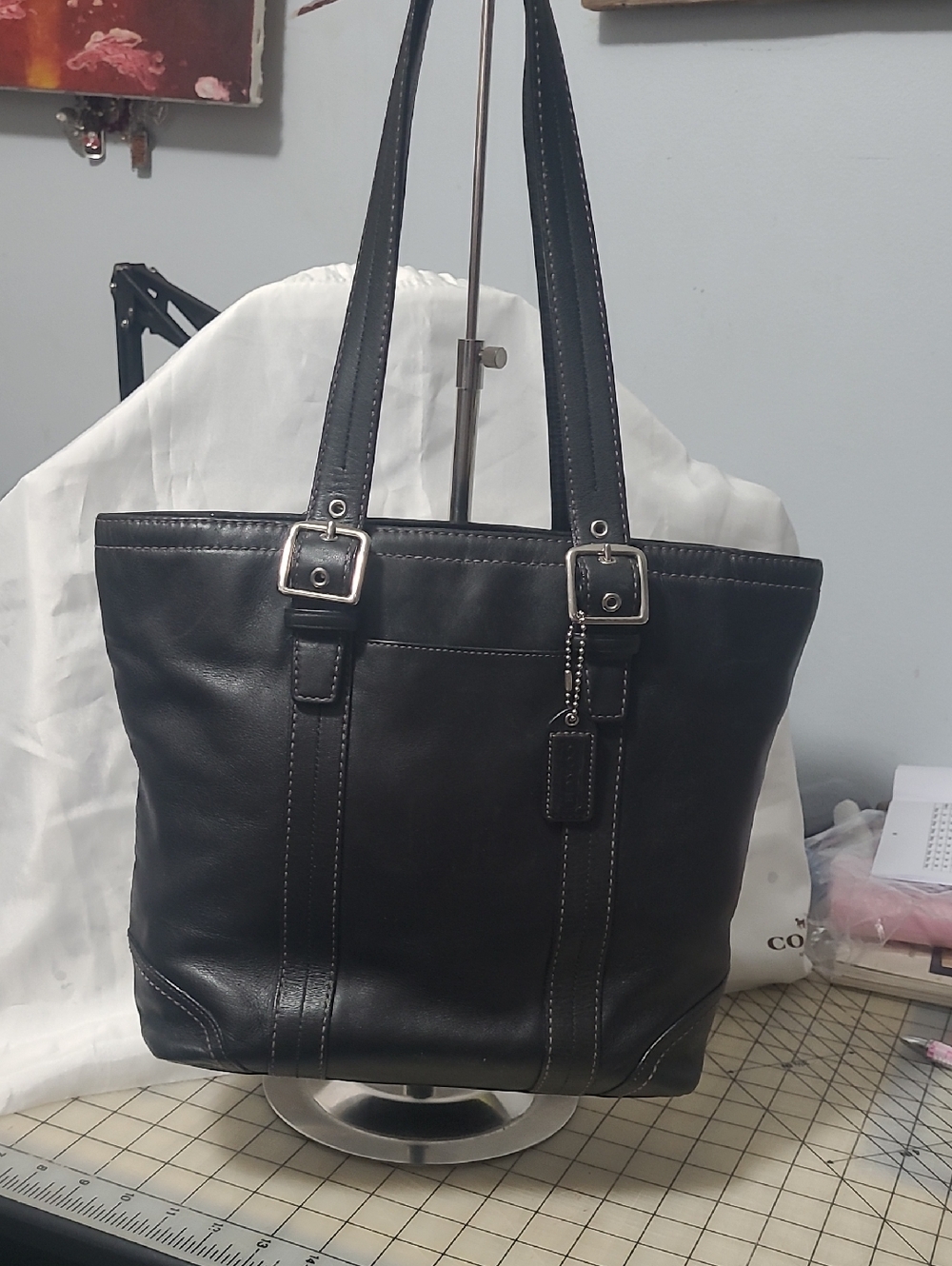 Coach Black Leather Tote with Buckle-Strap Handles